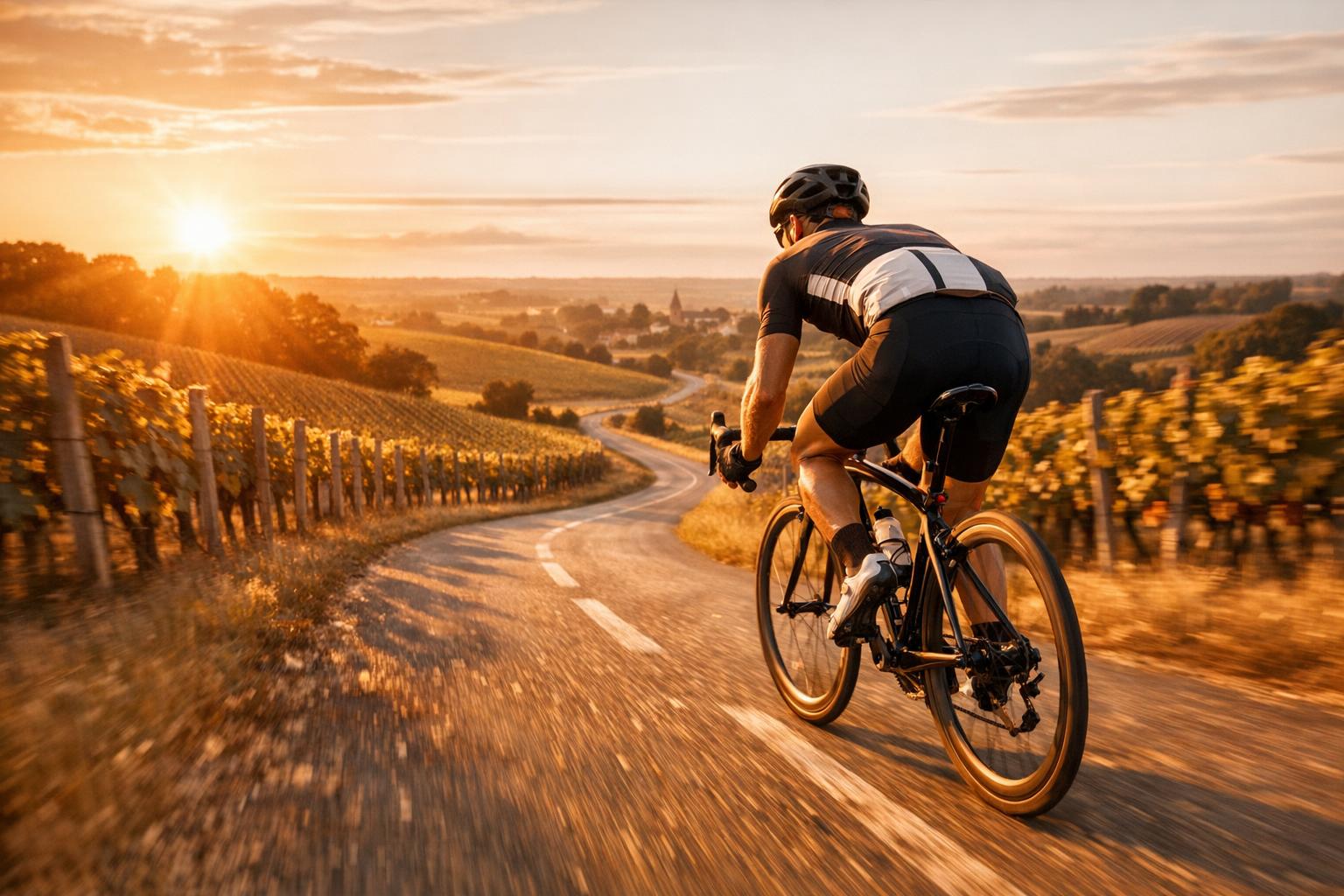 Cycliste sur route au soleil couchant, vignes de Gironde