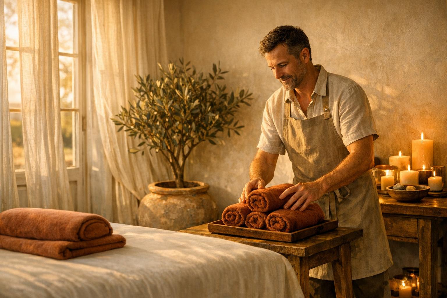 Séance de massage bien-être à domicile, lumière chaude